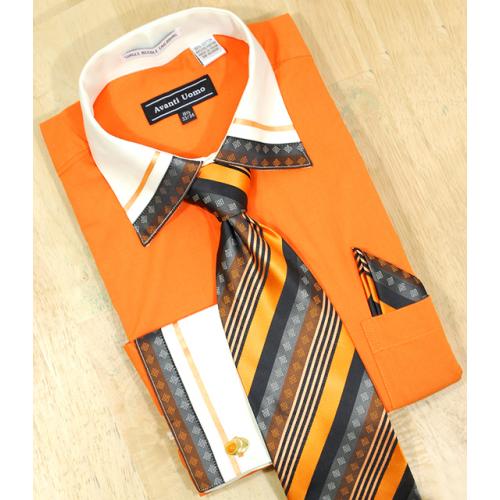 Avanti Uomo Orange / Cream With Embroidered Design Shirt/Tie/Hanky Set DN41M